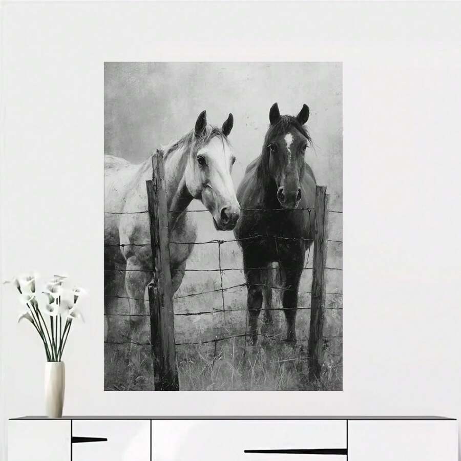 Póster plano 2D, 1 pieza, de caballo vintage en blanco y - Arte de pared de dos caballos con cerca, apto para interior/exterior, pintura duradera en lienzo sin marco para decoración de cafetería, oficina - Cuadro minimalista de caballo, regalo para amantes de los caballos, decoración de habitación - Enmarcado - Ver 1