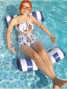 1 pieza Hamaca inflable de red a rayas para adultos, adecuada para vacaciones, fiestas y relajación, disponible en colores rosa, amarillo, blanco, verde y azul, hamaca de exterior, esencial para la playa y la piscina, excelente para fotografía - multicolor - Ver 5
