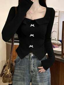 Áo thun dài tay cổ nơ kiểu Mỹ cổ điển dành cho nữ, áo crop top ôm eo tôn dáng, màu đen, thích hợp mặc mùa thu đông 2025. - màu đen - Xem 2