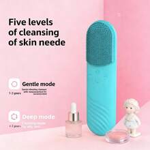 Electric Silicone Facial Cleansing Brush With Red Blue Light Therapy USB Rechargeable Beauty Instrument For Home Personal Care - Blue - View 7