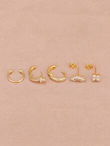 Bộ 5 khuyên tai hình hoa đính đá Zirconia lấp lánh, mạ vàng 18K, thích hợp cho nữ, dùng trong đám cưới. - 1-Vàng-5 CÁI - Xem 4