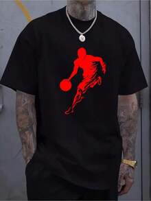 [Printed Silhouette Basketball Jersey] Men's Printed Silhouette Basketball Jersey, 100% Cotton, Casual Crew Neck, Long Sleeve With Slight Elasticity, Comfortable Fit Knit Top For All Seasons - 黑色 - 查看 1