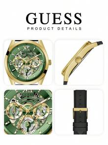 Guess Đồng hồ nam, đồng hồ thạch anh nam, có dây đeo bằng da, vỏ bằng thép không gỉ. - màu xanh lá - Xem 7