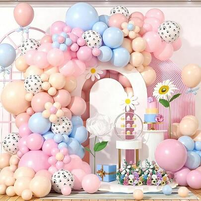 140个气球拱门花环套装，包含马卡龙蓝、复古肤色、哑光粉、马卡龙粉、哑光柔粉、白色背景黑色狗爪图案气球。适用于摄影棚摆拍道具、照片氛围背景、生日派对、朋友聚会、打卡拍照、静物装饰和景观设计。