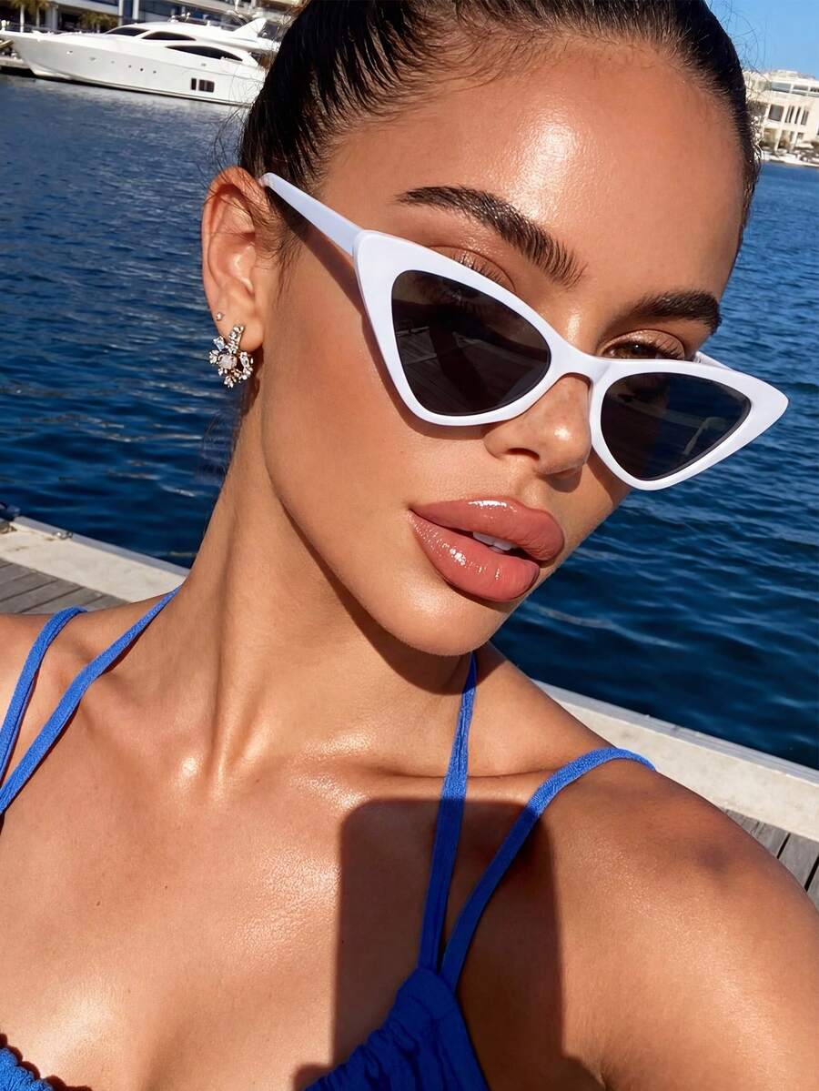 1 Pair Unisex Cat Eye White Fashion Sunglasses, Suitable For Personalized Retro Style, Versatile And Elegant Women's Fashion Glasses, Suitable For Daily Wear, Street Photography, Vacation, Beach And Other Occasions, Also An Ideal Accessory For Back To School Season - trắng - Xem 1