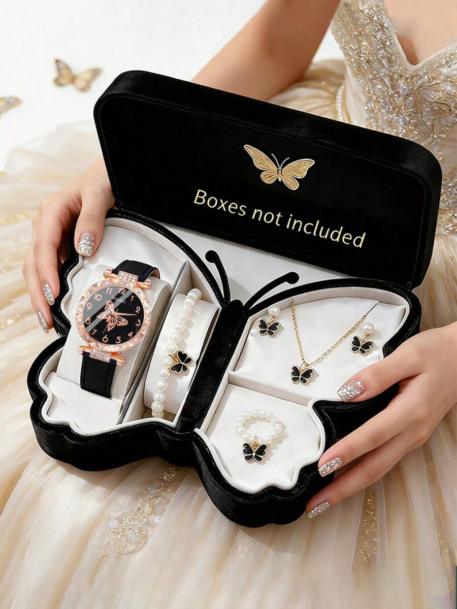 6件套女士优雅时尚精致蝴蝶表盘石英表套装，包含珍珠蝴蝶手链、项链、戒指、耳环首饰套装，适合作为女士生日/节日礼物、毕业礼物、返校礼物、家庭聚会礼物、庆祝活动礼物，是理想的毕业礼物，也是完美的母亲节礼物。 - 彩色 - 查看 1