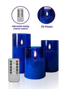 3pcs Flameless Candle Lights With Remote Control/Timer, Battery Operated Blue Warm Light Candles, Suitable For Christmas, Halloween, Valentine's Day, Mother's Day, Gifts, Birthday, Proposal, Wedding, Dining Table, Party - Blue - Warm Light - View 9