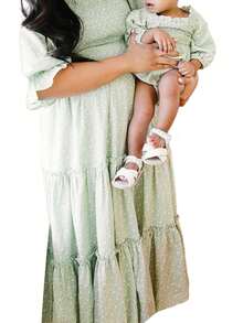 Mommy And Me Matching Dresses Short Sleeve Square Neck Print Dress Family Matching Sundress Outfits, Mother Daughter Matching Dresses, Family Matching Outfits - 女童綠色 10-11歲T - 查看 1