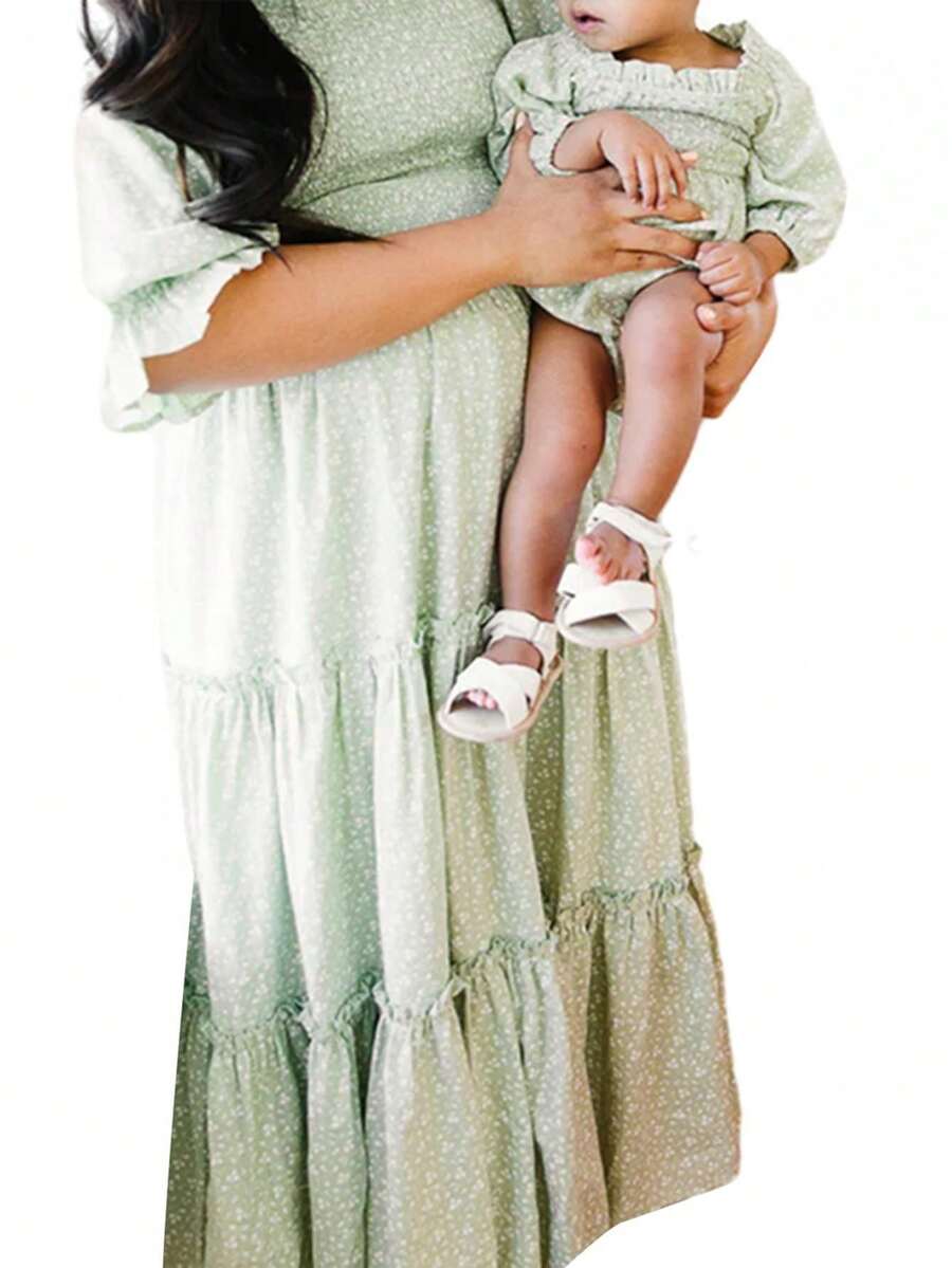 Mommy And Me Matching Dresses Short Sleeve Square Neck Print Dress Family Matching Sundress Outfits, Mother Daughter Matching Dresses, Family Matching Outfits - 女童綠色 10-11歲T - 查看 1
