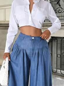 2026 New Spring/Summer Women's Solid Color Casual Elegant Back-To-School, Date, Pleated Wide Leg Pants, Suitable For Valentine's Day, Chinese New Year, Women's Pants, Wide Leg Pants, Women's Trousers, Women's Office Attire, Spring Wear, Office Wear, Elegant Women's , Holiday Women's Attire, Club Wear, Women's Springs, Women's Holiday Wear, Summer Vacation Wear, Women's Birthday - 藍色 - 查看 6
