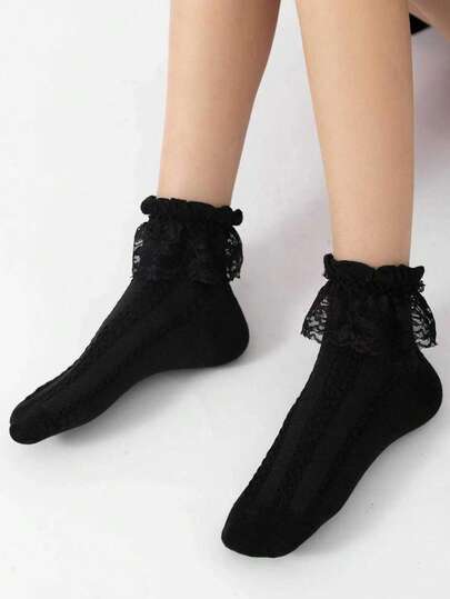 半双装女士蕾丝荷叶边公主袜，褶皱蕾丝网眼休闲学生袜，拉丁舞袜，纯黑白短款船袜