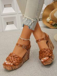 Giày sandal đế xuồng hở mũi dành cho nữ, quai đan có khóa cài, kiểu dáng thường ngày, thích hợp đi làm. - màu nâu - Xem 2