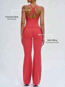 1 Set Women Spaghetti Strap Backless Criss-Cross Tank Top And Flare Pants Sports Suit - Red - View 5