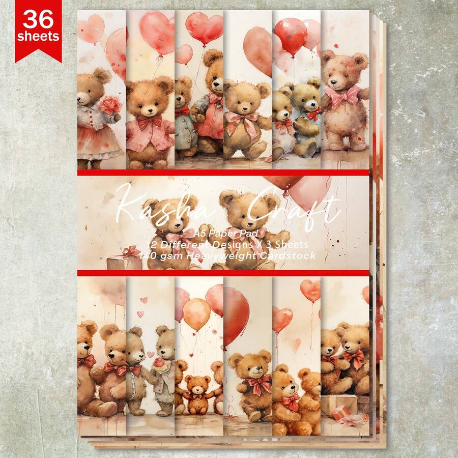 36 hojas A5 de papel para scrapbooking con fondo de osos lindos y globos con forma de corazón, adecuado para diarios de balas, scrapbooks, tarjetas y manualidades - Rectángulo - Ver 1