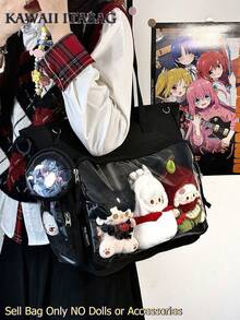 Tas Bahu Nilon Gaya Preppy Jepang Terbaru dengan Dompet Bulat Kecil dan Jendela Transparan, Tas Ita Bag untuk Mahasiswa, Tas Selempang Besar - Hitam - View 2