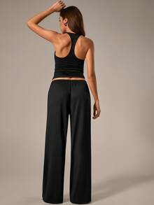 NcmRyu 1 Set Women's Camisole Tank Top & Wide Leg Drawstring Pants Sports Suit - Black - View 3