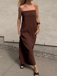 Vestido de playa y fiesta elegante de verano sin tirantes de unicolor y manga larga ajustado para mujeres de vacaciones - PoPoHouse - Marrón - Ver 8