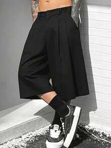 HEYKESON Men's Black Pleated Wide Leg Shorts, Button Waist Casual Street Style Shorts - Black - View 3