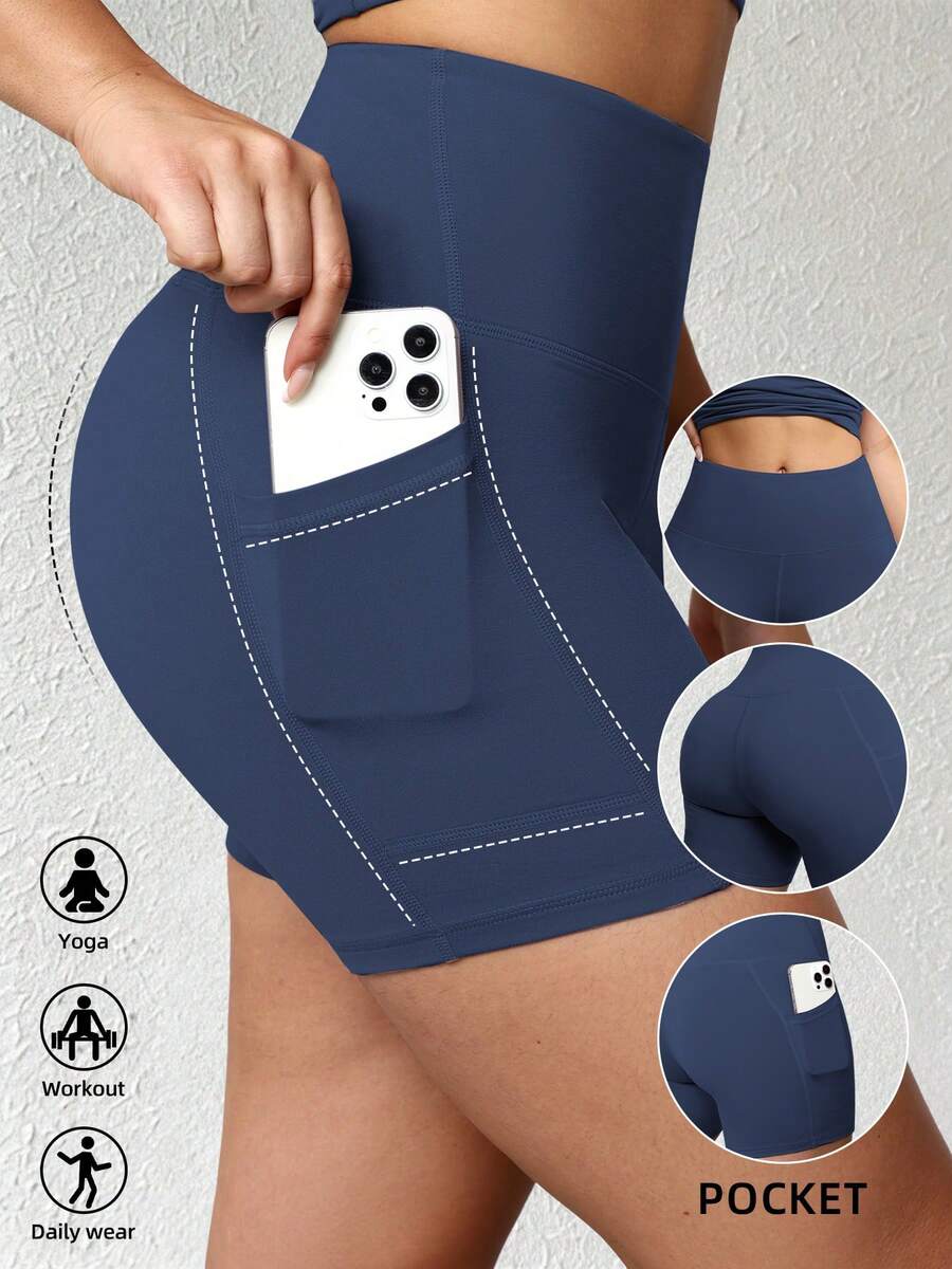 女士高腰健身短裤,带侧袋 - 方便放置手机,弹力提臀,适合运动健身和日常穿着 - 藏蓝色 - 查看 1