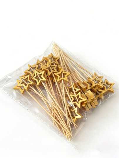 Conjunto de 50/100 palitos decorativos criativos em formato de estrela de cinco pontas, dourados ou prateados, ideais para bolos, sobremesas, saladas, sanduíches e frutas. Perfeitos para hotéis, restaurantes, festas, aperitivos, churrascos, aniversários e para decorar o Dia Nacional.