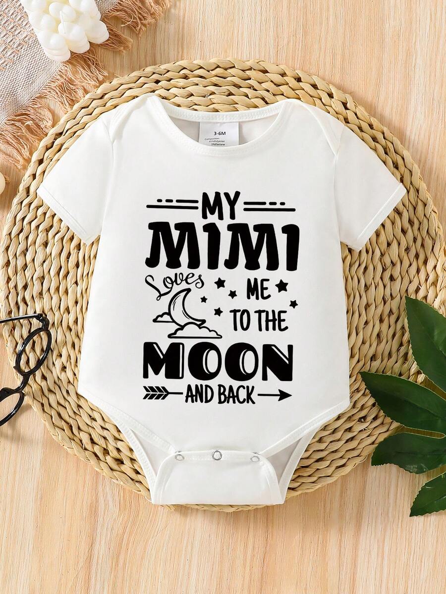 宝贝女孩“我的咪咪爱我到月球再返回”图案短袖连体衣 - 白色 - 查看 1