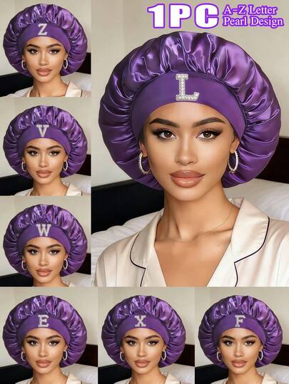 1 pieza Gorro de dormir de seda púrpura con diadema de satén con 26 letras en forma de perla, diadema elástica suave adecuada para cabello rizado y liso, para dormir, maquillaje y cuidado de la piel