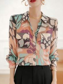 YUXIN 女士复古抽象印花雪纺衬衫，实用口袋，宽松长袖，适合办公室、休闲日常穿着，轻盈透气，春秋季上衣，粉色 - 粉色 - 查看 9