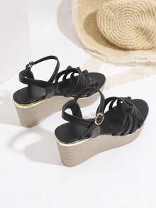 新款厚底单带高跟凉鞋，优雅坡跟，适合搭配连衣裙，露趾绑带凉鞋 - 黑色 - 查看 7