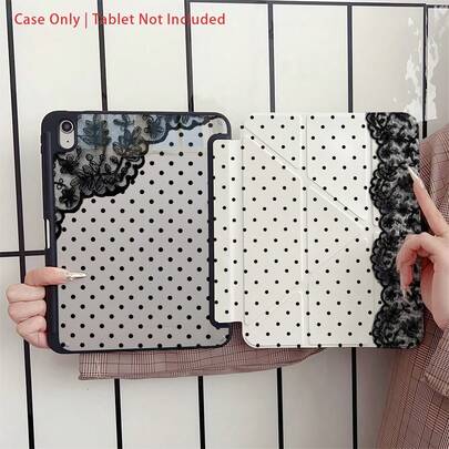 Ốp máy tính bảng kiểu Y2K viền ren chấm bi đen có khe cắm bút cảm ứng, hỗ trợ tự động tắt/mở màn hình, chân đế đa góc, tương thích với iPad Pro 11", Air 11"/13" M3, 11" A16, 10.9" thế hệ thứ 10, 9.7"/10.2", Galaxy S9/S7/S10+, Galaxy Tab S6 Lite 10.1".