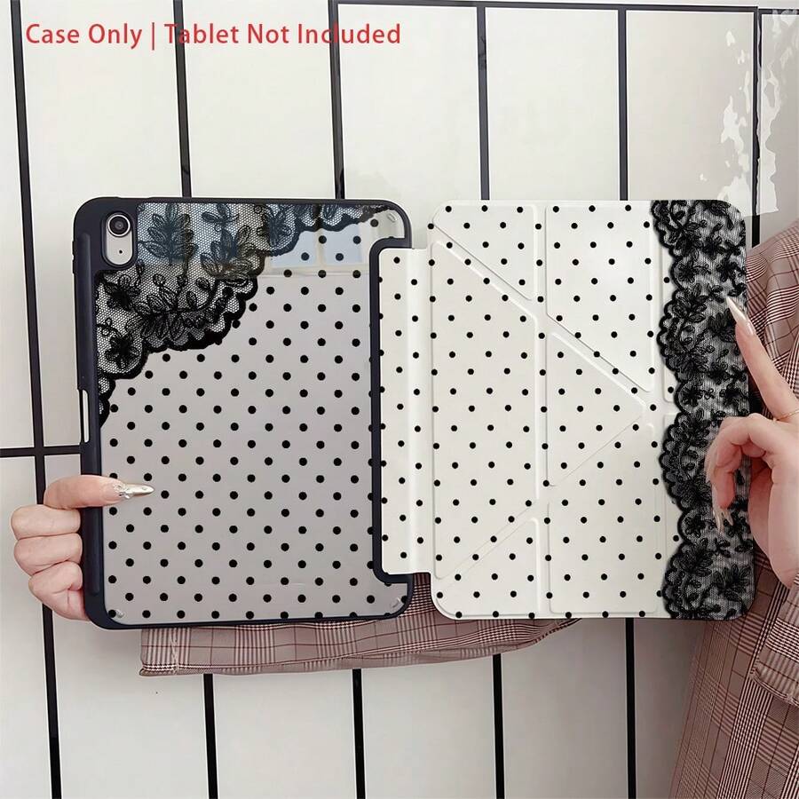 Ốp máy tính bảng kiểu Y2K viền ren chấm bi đen có khe cắm bút cảm ứng, hỗ trợ tự động tắt/mở màn hình, chân đế đa góc, tương thích với iPad Pro 11", Air 11"/13" M3, 11" A16, 10.9" thế hệ thứ 10, 9.7"/10.2", Galaxy S9/S7/S10+, Galaxy Tab S6 Lite 10.1". - Nhiều màu - Xem 1