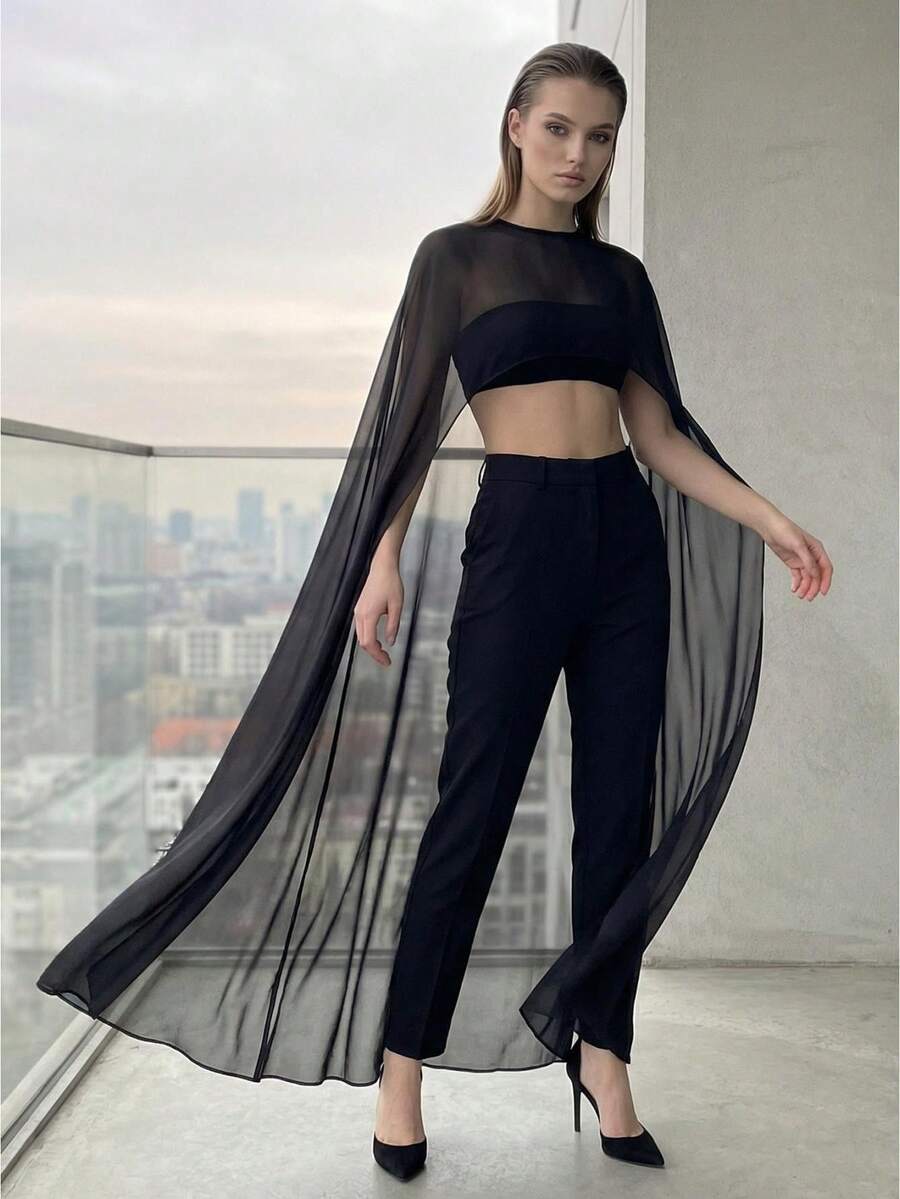 Womens High Low Polka Dot/Solid Color Sheer Cover-Ups Summer Holiday O Neck Cape Blouse Female Jacekt Long Party Tops - 黑色 - 查看 1