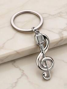 1pc Creative Microphone Shaped Keychain, Fashionable Music Note Pendant Metal Music Symbol Keyring, Interesting Gift For Friends - Silver - View 9