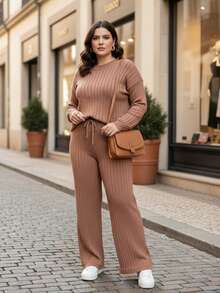 Plus Size Women's Ribbed Knit Set For Winter - Blouse And Wide-Leg Pants - Nude - 查看 1