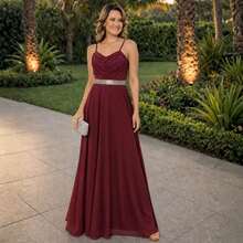 Elegant Long Dress For A Discreet Luxury Bridesmaid Party With A Shiny Rhinestone Sash - Gỗ đỏ - Xem 3