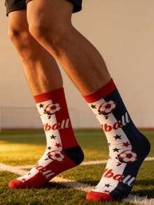 1 Pair Men's Crew Socks With Asymmetric Design, Colorblock Football Themed Pattern, Creative Fashion High-Quality Breathable Comfortable Moisture-Wicking Socks For Casual, Sports, Street Style, Suitable For Spring, Summer, Autumn - Multicolor - View 1
