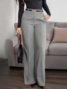 Jessefine Solid Color Zippered Pocket Suit Fabric Straight Leg Pants, Waistband-Less, Elegant For Commute, Office, Casual Wear, Spring/Summer Pink - 灰色 - 查看 3