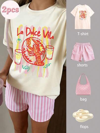 2pcs Tween Girl Summer Outfit - Short Sleeve T-Shirt Paired With Striped Shorts, Fashionable/Y2K/Streetwear Style, Artistic Vibe Top And Shorts Set