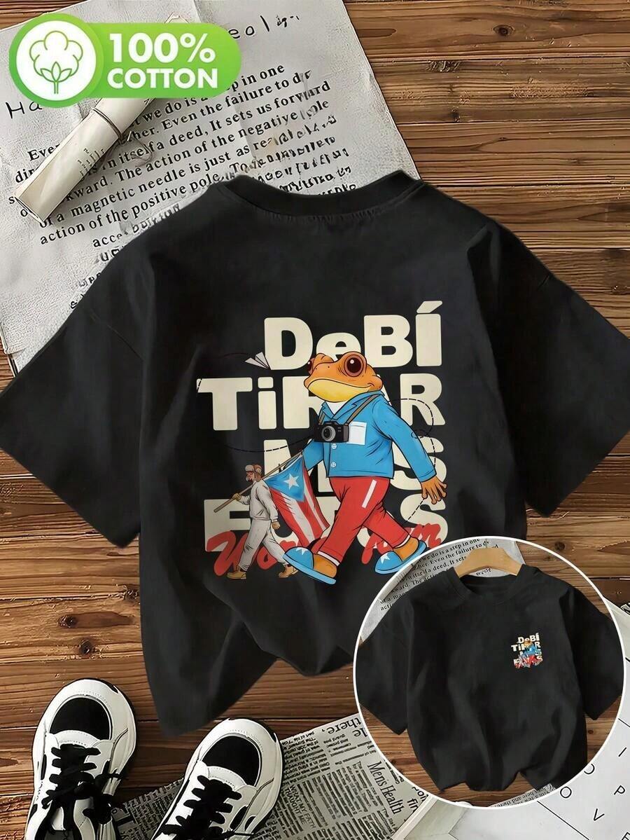 2026 Women's Ribbed Cotton T-Shirt With A Cartoon Illustration Print Featuring A Camera, Palm Trees, And Plastic Chairs, Combined With A Slogan In Spanish. A New Sporty-Chic Style For Women, Perfect For Spring And Summer Outings. A Casual, Soft, Flowing, And Breathable Women's Short-Sleeved T-Shirt, Perfect For Summer Outfits. - 黑色 - 查看 1