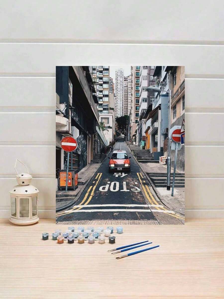 一套城市街景无框DIY数码油画套装，精心绘制的油画，用色彩表达您的个性，释放您的创造力，无需任何绘画经验即可创作美丽的艺术作品，选择一幅油画来装饰您的空间，缓解压力，放松身心，体验艺术的力量。40*50厘米
