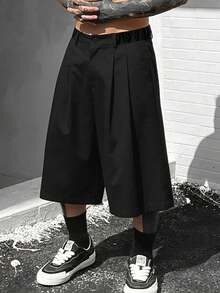 HEYKESON Men's Black Pleated Wide Leg Shorts, Button Waist Casual Street Style Shorts - Black - View 2