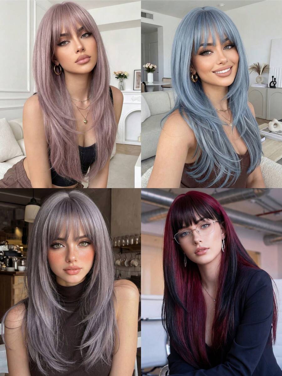 26 Zoll langes, stufiges Perücke in Rosé-Grau mit Pony - hitzebeständiges synthetisches Haar, natürlich aussehendes synthetisches Haarteil für täglichen Gebrauch, für Frauen geeignet für Partys und den Alltag - Verschiedenfarbig - Übersicht 1