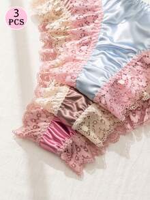 Bộ 3 quần lót nữ bằng satin bóng, viền ren, phối họa tiết, dễ thương và gợi cảm. - Nhiều màu - Xem 4