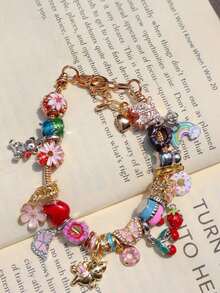 1pc Cute Summer Fruit Cake Floral Charm Bracelet, 3D, Cherry, Cake,, Hamburger, Strawberry Pendant, Adjustable Bead Bracelet, Lovely Friend - 金子 - 查看 8