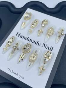 10pcs/Set Summer White Cute Long Stiletto Acrylic Nail Art Stickers Set, With Pearl & 3D Metal Decor, Punk Goth Style, Rhinestone Glitter, Full Cover Handmade Y2K False Nails, Matte Bronze Line Art Nail Kit, Halloween Essentials For Women & Girls Handmade Press On Nails - White - View 12