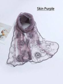 1pc Women Multicolor Embroidered Floral Scarf, Spring/Summer/Autumn, Fashionable & Sweet, Sunshade/Dustproof Scarf, Vacation/Daily Shawl Boho Valentine Day - 紫色皮革 - 查看 12