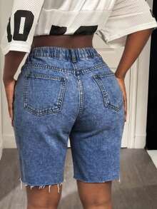 Plus Size Distressed Frayed Hem High Waist Stretchy Denim Capri Pants, Suitable For Dates, Outings, Summer Chic, Slimming, Retro Versatile All-Match Casual - Zhonglan - View 7
