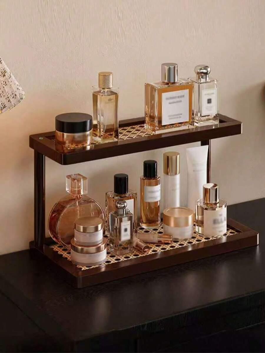 1pc Vintage High-End Cosmetic Storage Rack, Desktop Vanity Perfume Skincare Organizer, Lipstick Jewelry Entryway Shelf, Small Desktop Cup Tea Holder, Dorm Kitchen Storage Rack - Brown - View 1