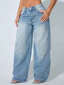 Low Waist Wide Leg Casual Blue Slanted Pocket Curved Women'S Jeans Summer Spring - Teal Blue - View 1