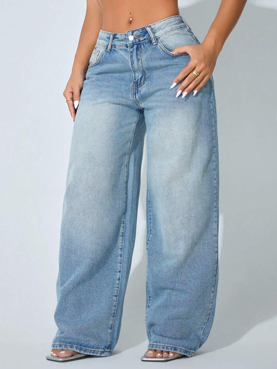 Low Waist Wide Leg Casual Blue Slanted Pocket Curved Women'S Jeans Summer Spring - Teal Blue - View 1