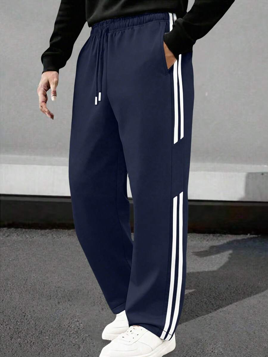 1pc Men's Loose Fit Casual Sweatpants, Suitable For Daily Commute, Sports Training, Running, Outdoor, Hiking, Fitness, Jogging, Workout, Versatile Straight Leg Striped Pants, Spring/Autumn - Royal Blue - View 1